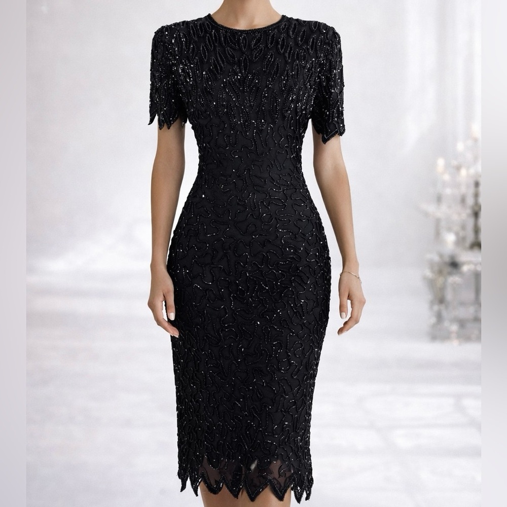 Lawrence Kazar S Dress Pencil 100% Silk Sequins Beads Embroidered Fitted Vintage